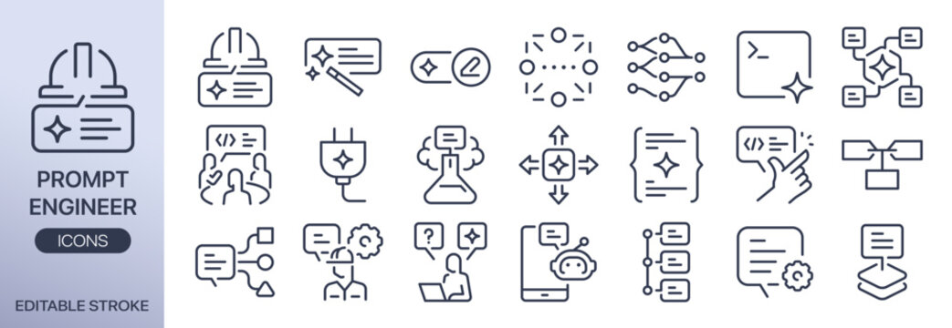 Prompt engineering vector icon set. It includes ai, input, systems, automation, data processing, and more icons. Editable outline Stroke.