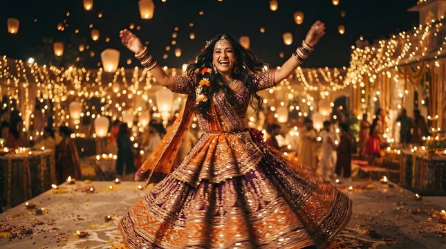 Joyful indian woman dancing in a traditional lehenga at a festive night celebration with glowing lanterns and warm bokeh lights in the background