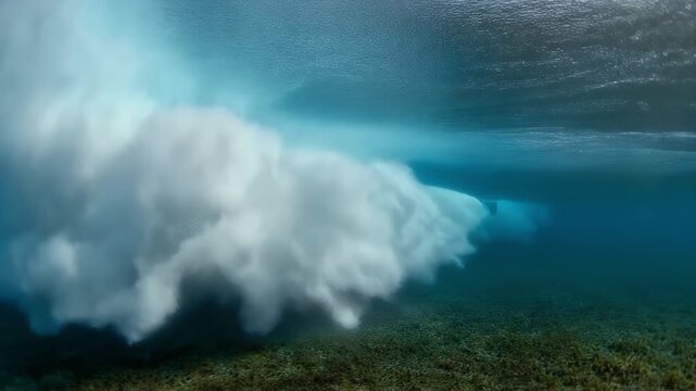 Underwater view of a curling ocean wave with sunlight filtering through the water.
