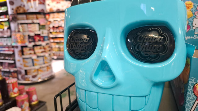 Chupa Chups Skull Shaped Lollipop Plastic Container Displayed In Supermarket Shelf on August 16, 2026 in Bangkok,  Thailand 
