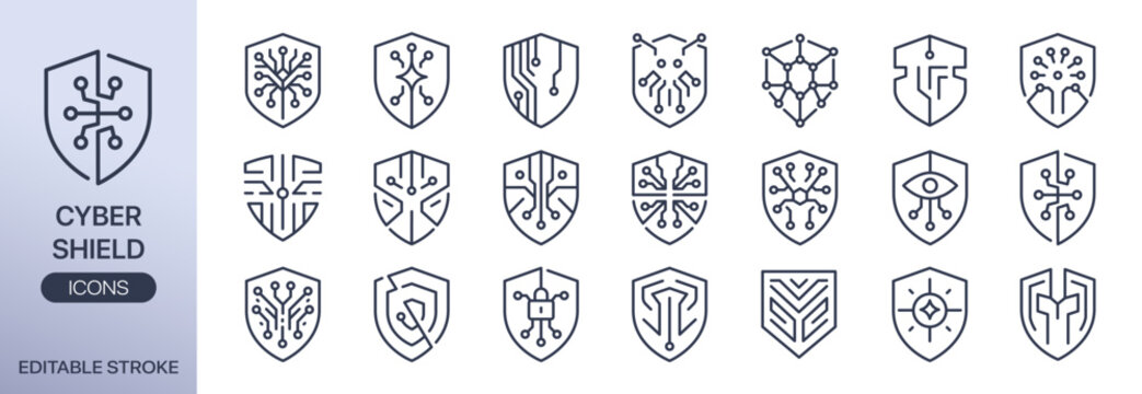 Cyber shield vector icon set. It includes cybersecurity shield, protection, guard, ai, and more icons. Editable outline Stroke.