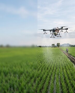 Modern agricultural drone spraying fertilizer on green rice paddy field. Commercial background with large blurred negative copy space on the left for text, layout, and advertising design. Smart farmin