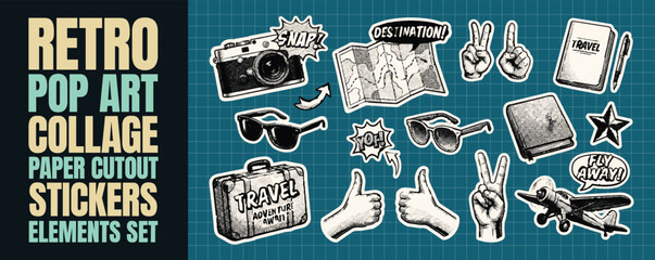 Retro pop art collage paper cutout stickers elements set featuring vintage style halftone travel camera map suitcase airplane and gestures for adventure themed scrapbook decorations and graphic design © Nusrat