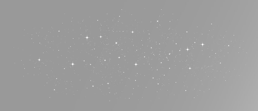 Glittering white stars and fine stardust particles floating in a wide dark space with radiant sparkles and silver cosmic dust