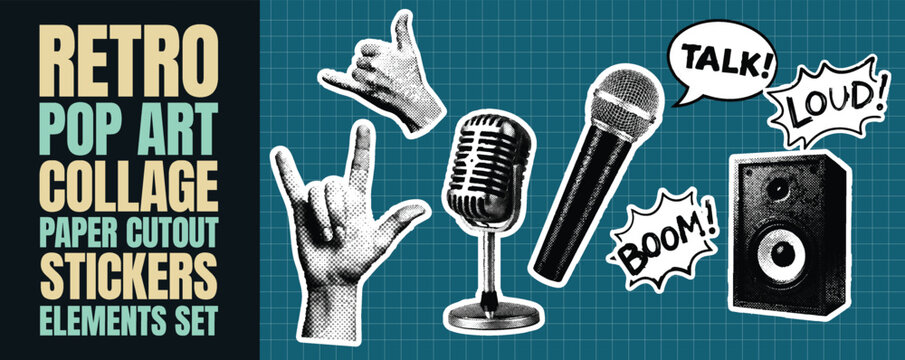 Retro pop art collage paper cutout stickers elements set with vintage style halftone microphone speaker, speech bubbles with doodle sound effects designed for scrapbook decorations and graphic design