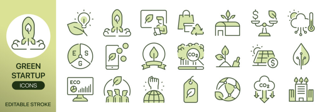 green startup bicolor vector icon set. It included green business, eco friendly, carbon offset, urban farming and more icons. Editable Vector Stroke.