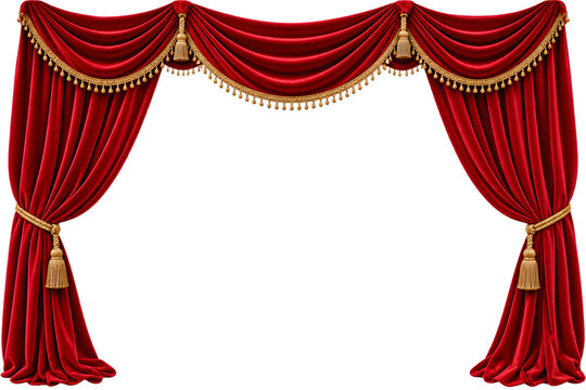 Red velvet stage curtains with gold tassels isolated on white background for theater design