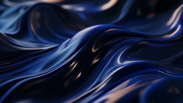 Close-up of flowing dark blue satin fabric with highlights.