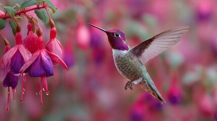 Obraz premium Anna's hummingbird flying gracefully near vibrant fuchsia flowers, colorful tropical bird in natural garden habitat, delicate wings in motion, iridescent green plumage, bright soft background, close-u