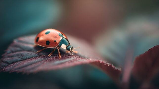 Beautiful ladybug resting on a green leaf with soft defocused natural background, detailed insect in peaceful garden environment, macro wildlife photography