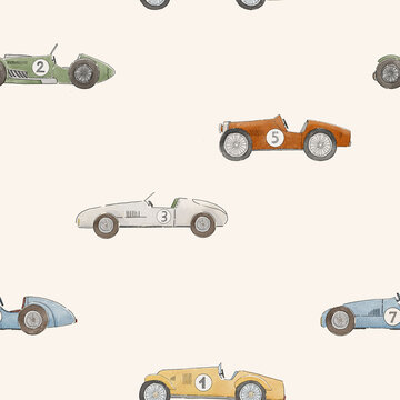 Little Vintage Racer Pattern with Classic Race Cars for Baby Boy Fabric