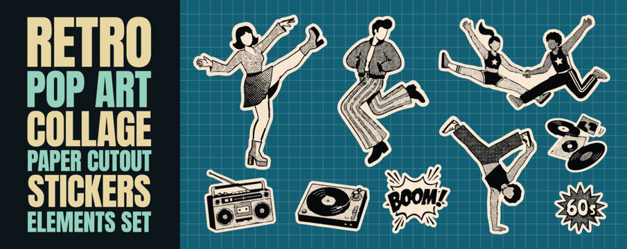 Retro pop art collage paper cutout stickers elements set, collection of funky groovy y2k style illustrations with vintage people dancing and music items