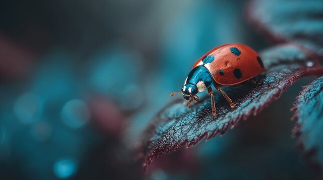 Beautiful ladybug resting on a green leaf with soft defocused natural background, detailed insect in peaceful garden environment, macro wildlife photography