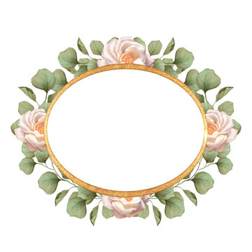 Hand drawn illustration of an elegant oval golden frame with soft white roses and green eucalyptus foliage.