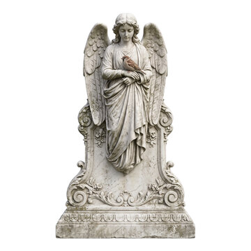 Photorealistic Victorian angel tombstone with folded wings and small bird perched on transparent background