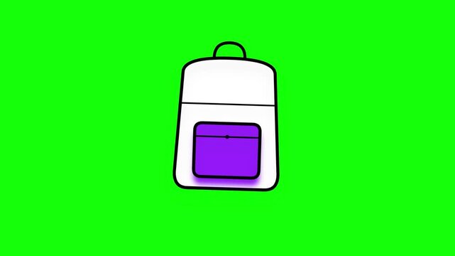 Minimalist 2D illustration of a white school backpack with a purple front pocket and black outline, isolated on a solid bright green screen background for easy masking and compositing.