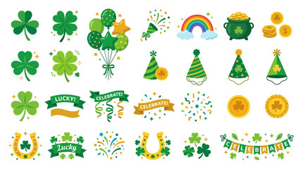 Naklejka premium Flat Vector Celebration Icon Collection Featuring Festive Holiday Symbols and Decorative Elements for Seasonal Spring Party Designs