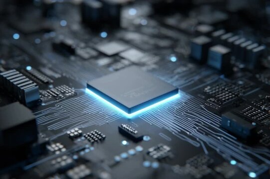 Glowing Semiconductor Processor on Futuristic Circuit Board
