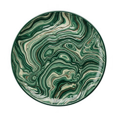 Obraz premium Round plate with a green and white marble pattern with gold accents isolated on transparent background