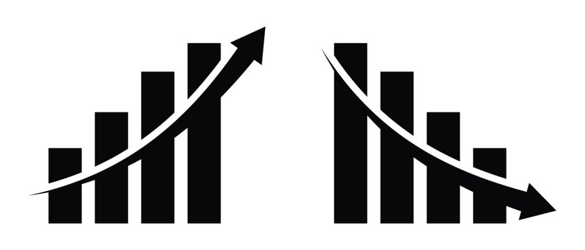 Line growth and decrease graph chart vector icon set. Growth up and down sign. Profit and loss icon. Revenue growth and decrease, Percentage growth and decrease vector illustration.