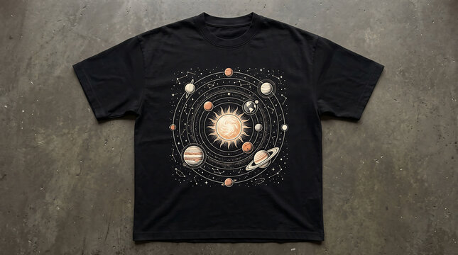 Premium oversized black t-shirt featuring a celestial solar system planetary graphic design