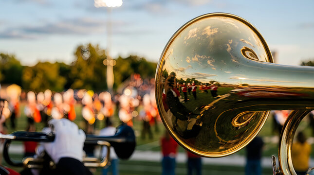Close up of a shiny brass trombone with a blurred band performance in the background on a sunny day