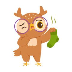 Fototapeta premium A funny owl reacting to a stinky sock, perfect for odor, laundry, hygiene, comedy, and household themes.