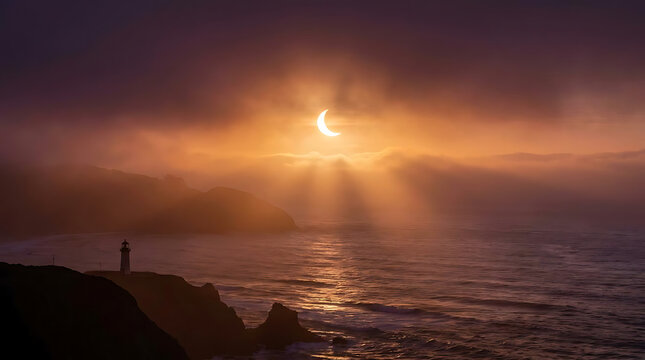 Breathtaking sunset over the sea featuring a lighthouse silhouette surrounded by a stunning cloudscape and sun rays piercing through the misty horizon