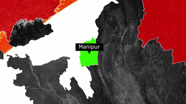 Animated map zooming into the Indian state of Manipur highlighted in green, with national flags