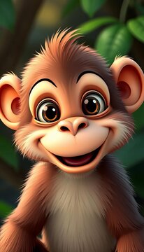 Adorable cartoon monkey with big smile and curious expression, illustration, cheerful