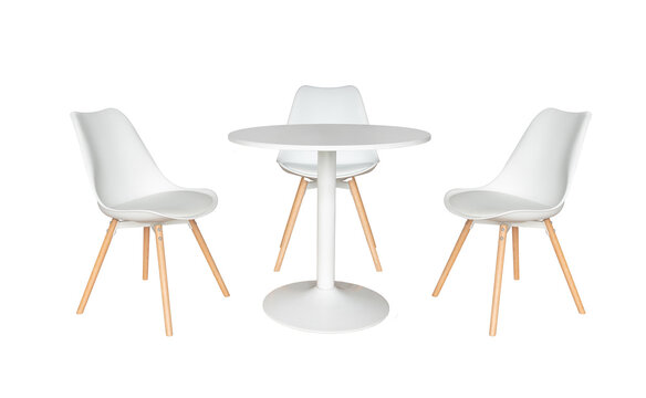 white round dining table with three modern plastic chairs isolated on white background