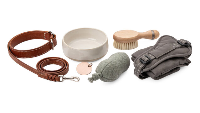 Set of various pet care accessories including leather leash collar bowl grooming brush and soft toy isolated on white background 