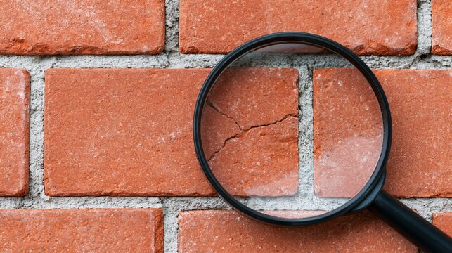 Magnifying glass inspecting cracked brick wall