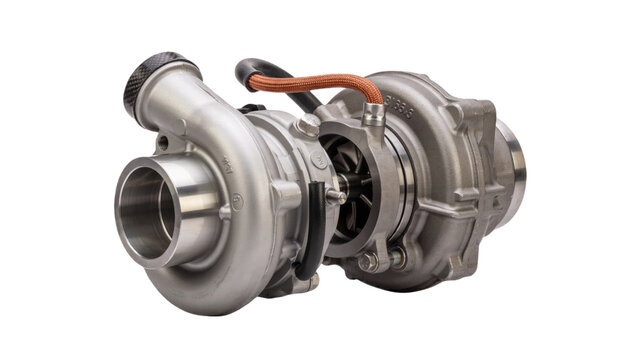 Professional automotive turbocharger unit isolated on white background for high performance engine tuning and mechanical repair projects