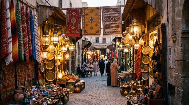Moroccan souk alley with hanging textiles and illuminated lanterns. Wares displayed on ground, cobblestone path