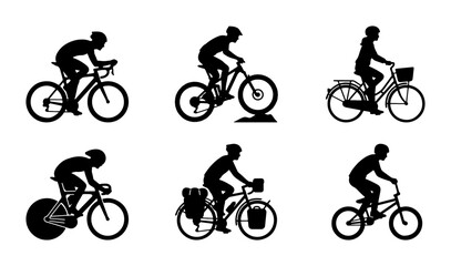 Fototapeta premium Cyclist Silhouettes: Diverse Bicycle Riders, Sports & Recreation, Vector Icons Set