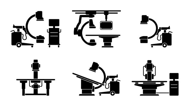Medical Imaging Equipment Icons, C-Arm Machine Set, Hospital Technology Vector Graphics