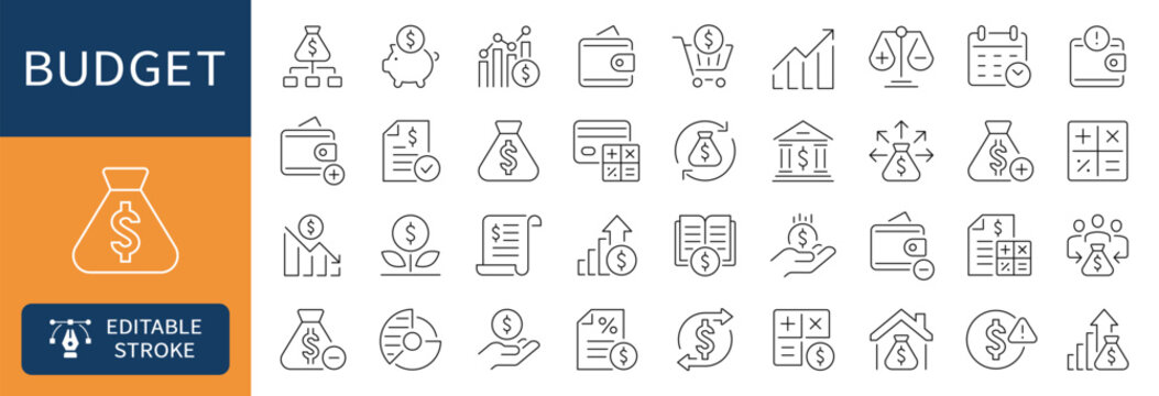 Budget and personal finance thin line icons set. Expense management, income icon - Editable stroke. Vector
