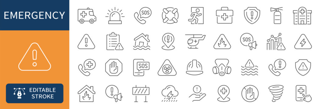 Emergency thin line icons set. Ambulance, evacuation, SOS, exit editable stroke icon. Vector illustration
