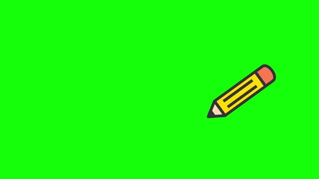 Stylized yellow pencil icon with thick black outlines, a pink eraser, and dark blue lead tip, isolated on a solid bright green chroma key background for video editing and compositing.