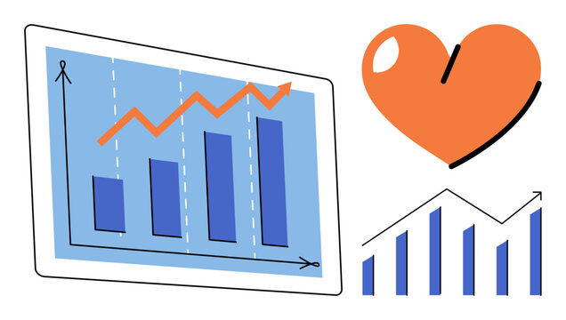 Financial growth charts and heart icon vector illustration. Business success, data analysis, marketing strategy, emotional intelligence, investment performance, customer loyalty. Economic progress