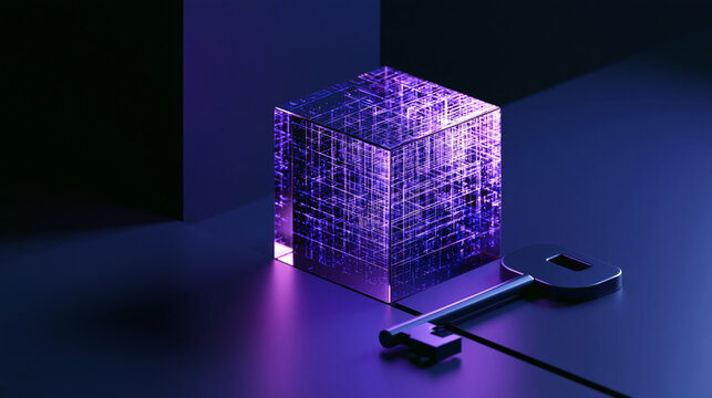 Isometric view of a illuminated purple crystal data block with complex circuit lattice next to a key, symbolizing cybersecurity and cryptographic vault