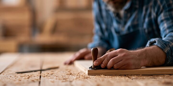 Close-up of carpenter smoothing wood surface