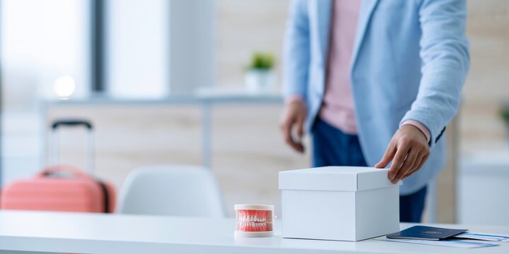 Man packing white box with dentures indoors