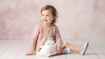 Fototapeta premium Happy little toddler girl smiling while sitting on a light wooden floor wearing a pink cardigan and white dress against a soft pastel background.