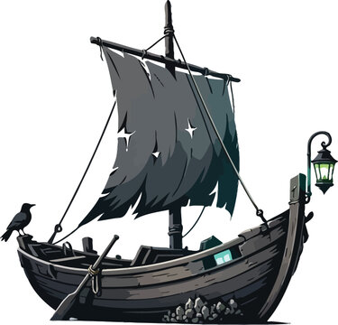 Old dark wooden boat with torn sail and a small black crow sitting on the deck
