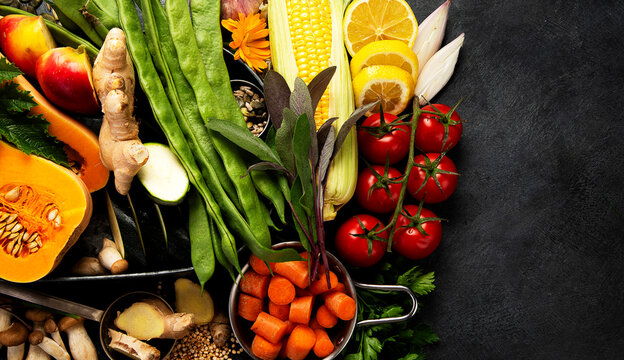 Fresh raw vegetables and fruits.