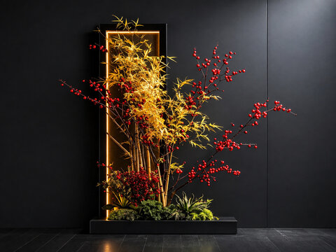 黒背景に竹と赤い実をあしらった高級感のあるモダンな正月装花