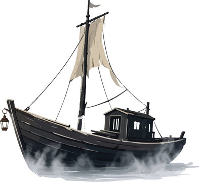 Black and white illustration of an old wooden sailboat on the sea water