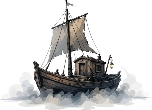 Old vintage wooden sailboat with tattered sails drifting through thick sea fog